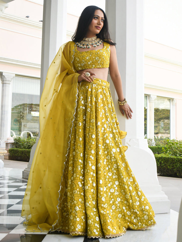 Awesome Yellow Thread Embroidered Georgette Wedding Wear Lehenga Choli