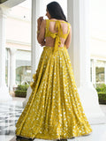 Awesome Yellow Thread Embroidered Georgette Wedding  Wear Lehenga Choli