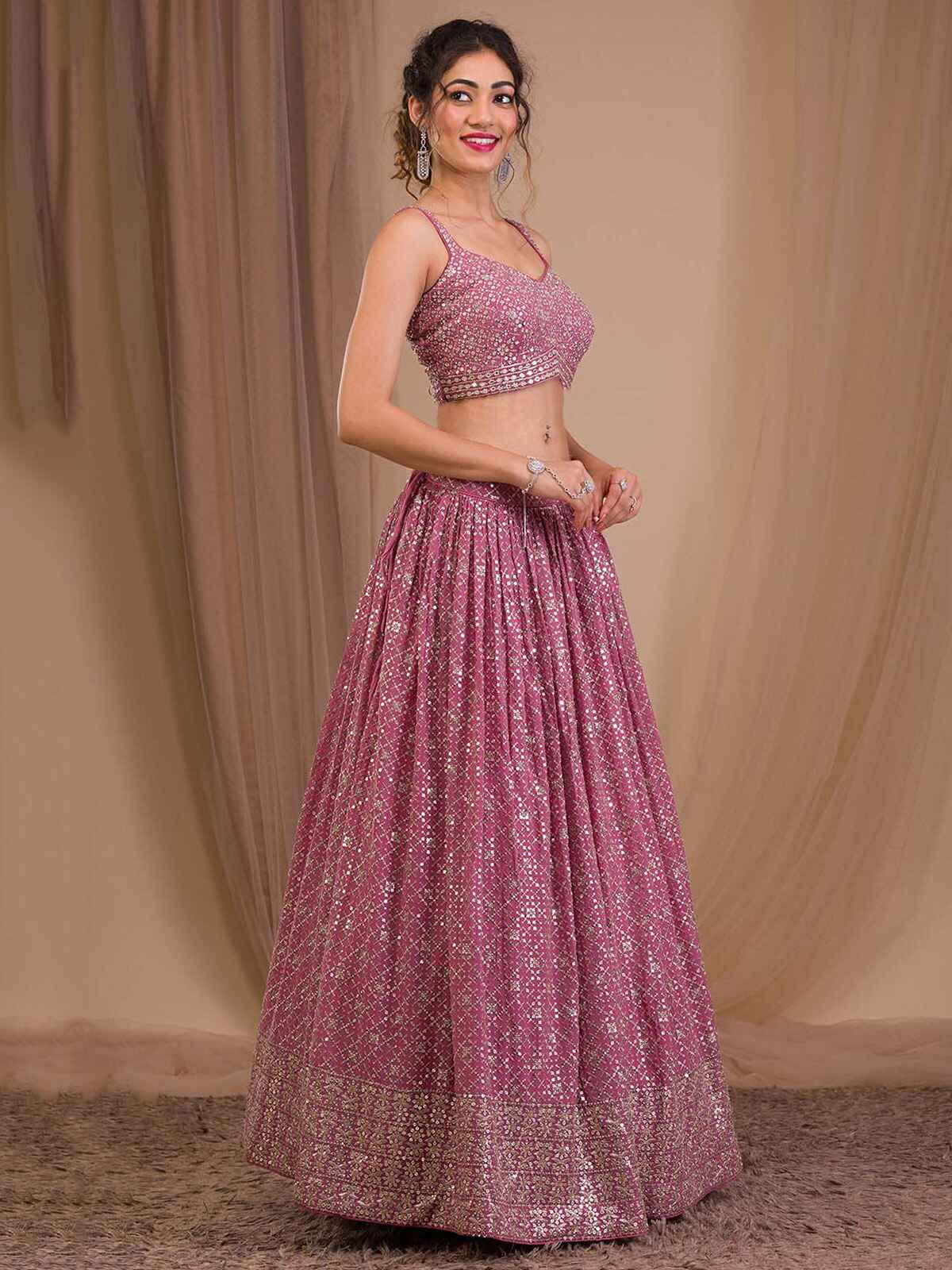 Attractive Pink Sequins Georgette Engagement Wear Lehenga Choli