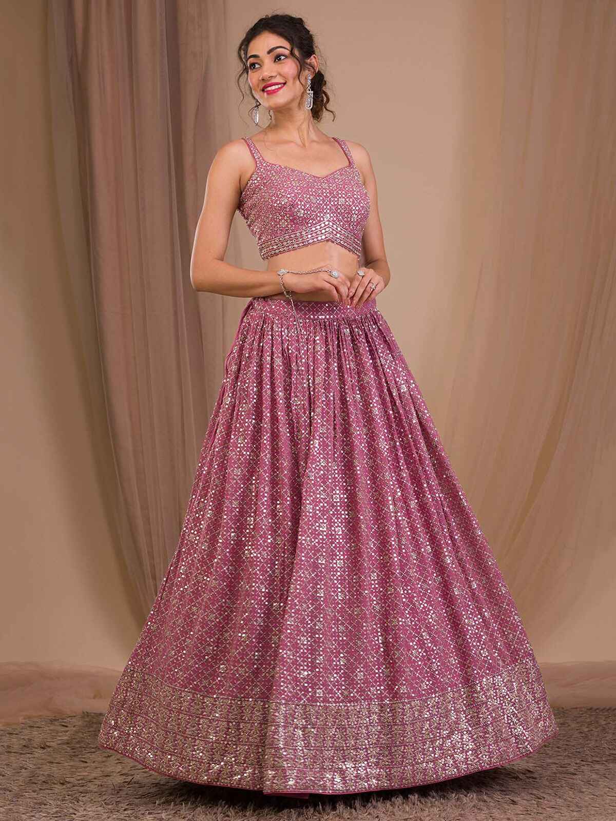 Attractive Pink Sequins Georgette Engagement Wear Lehenga Choli