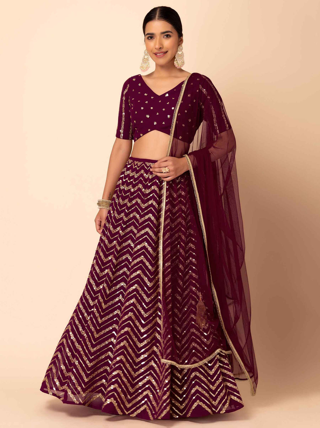 Delightful Maroon Zari Embroidered Georgette Wedding Lehenga Choli