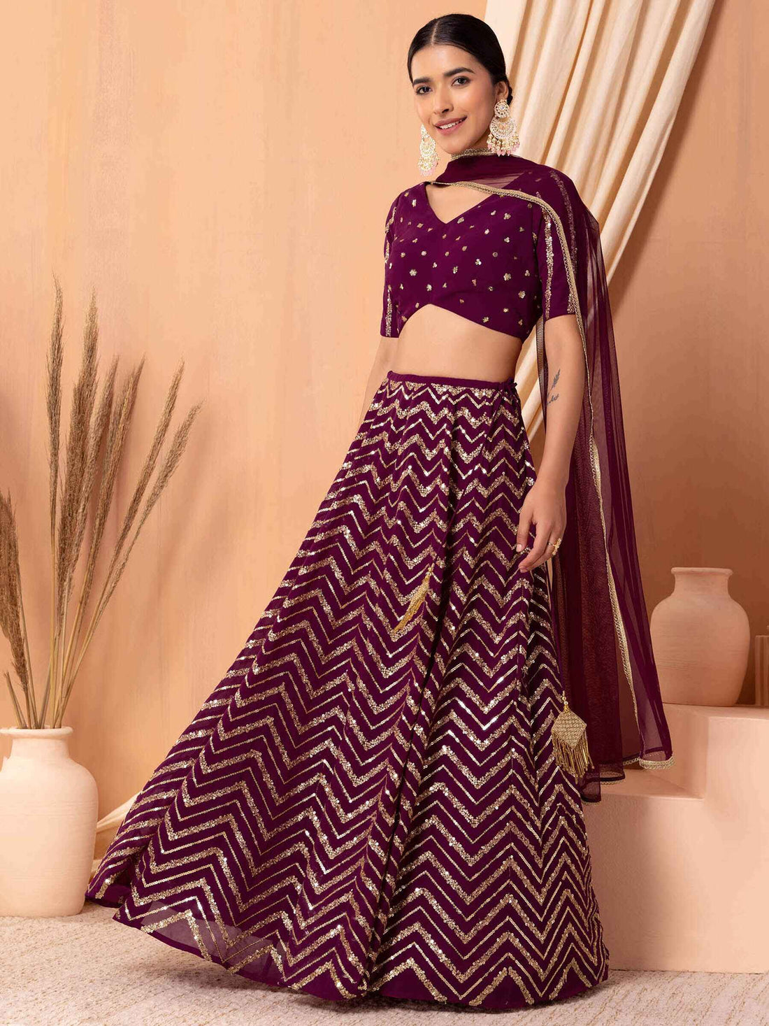 Delightful Maroon Zari Embroidered Georgette Wedding Lehenga Choli