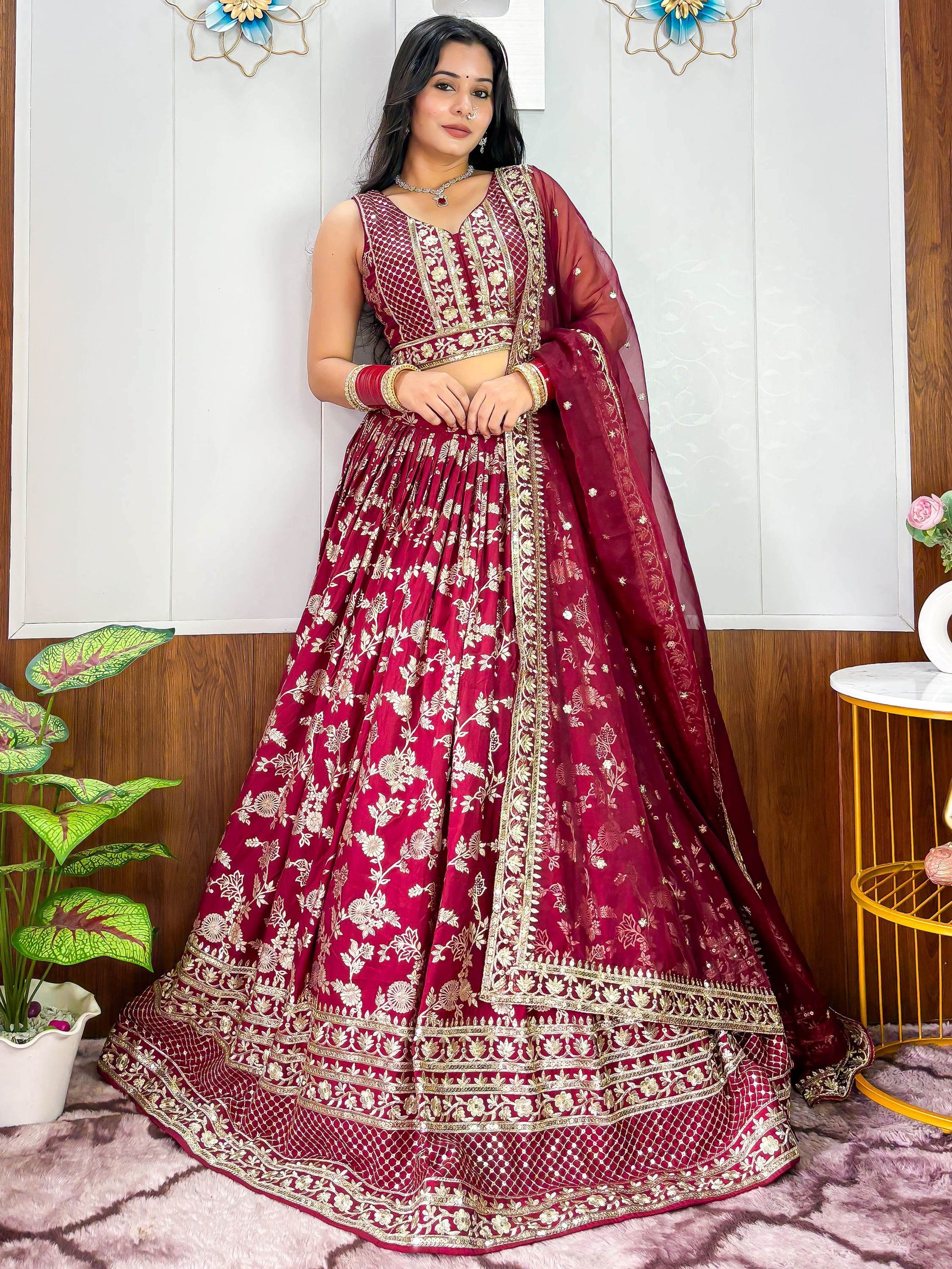 Exceptional Maroon Zari Embroidery Silk Wedding Wear Lehenga Choli