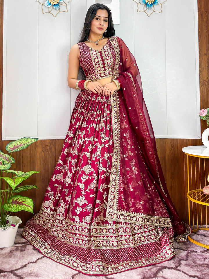 Exceptional Maroon Zari Embroidery Silk Wedding Wear Lehenga Choli