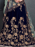 Attractive Navy Blue Zari Embroidered Velvet Wedding Lehenga Choli