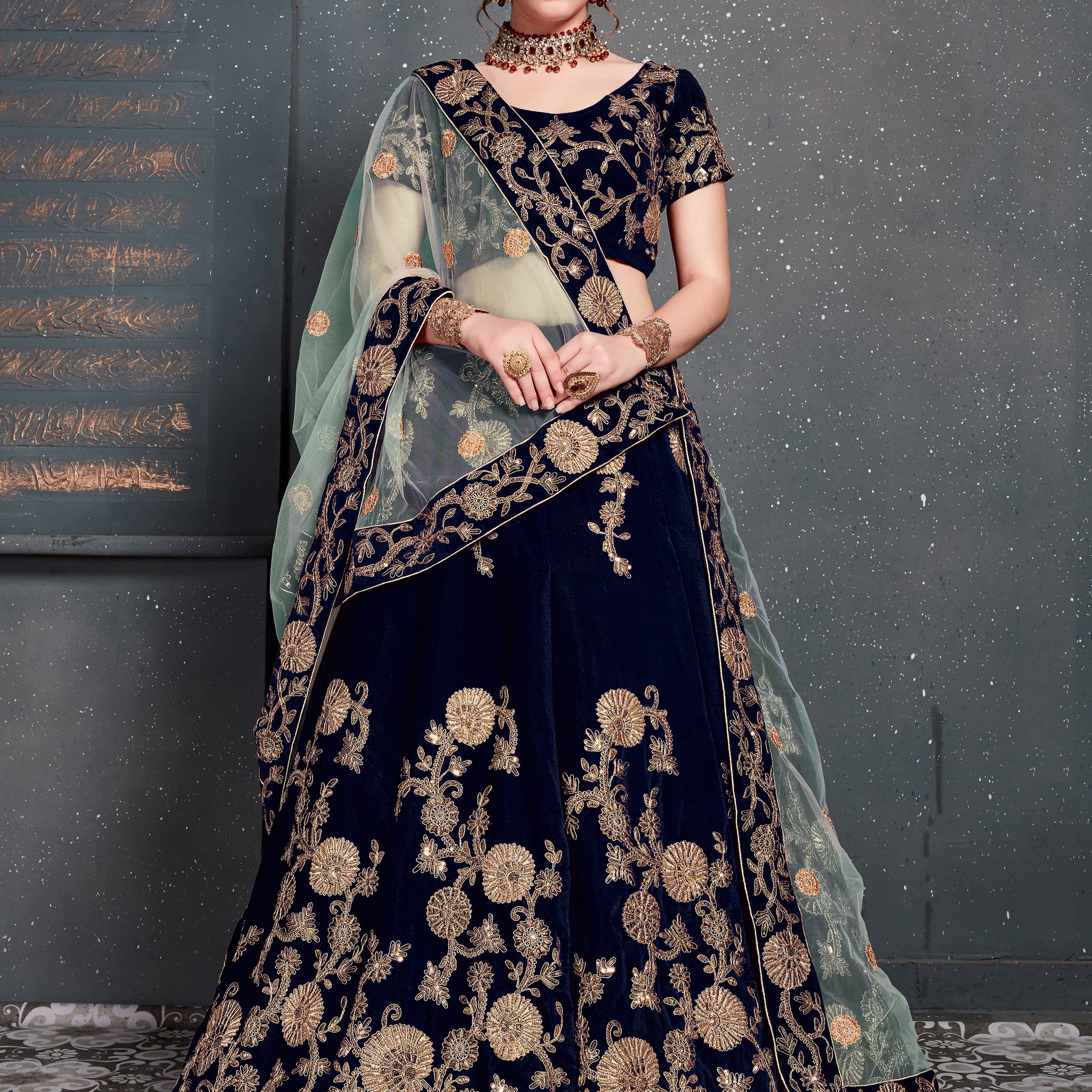 Attractive Navy Blue Zari Embroidered Velvet Wedding Lehenga Choli