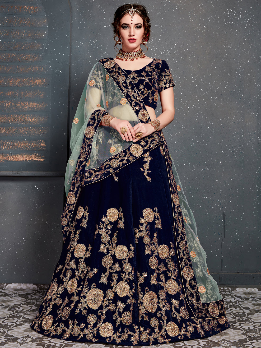 Attractive Navy Blue Zari Embroidered Velvet Wedding Lehenga Choli