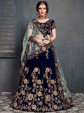 Attractive Navy Blue Zari Embroidered Velvet Wedding Lehenga Choli