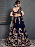 Attractive Navy Blue Zari Embroidered Velvet Wedding Lehenga Choli