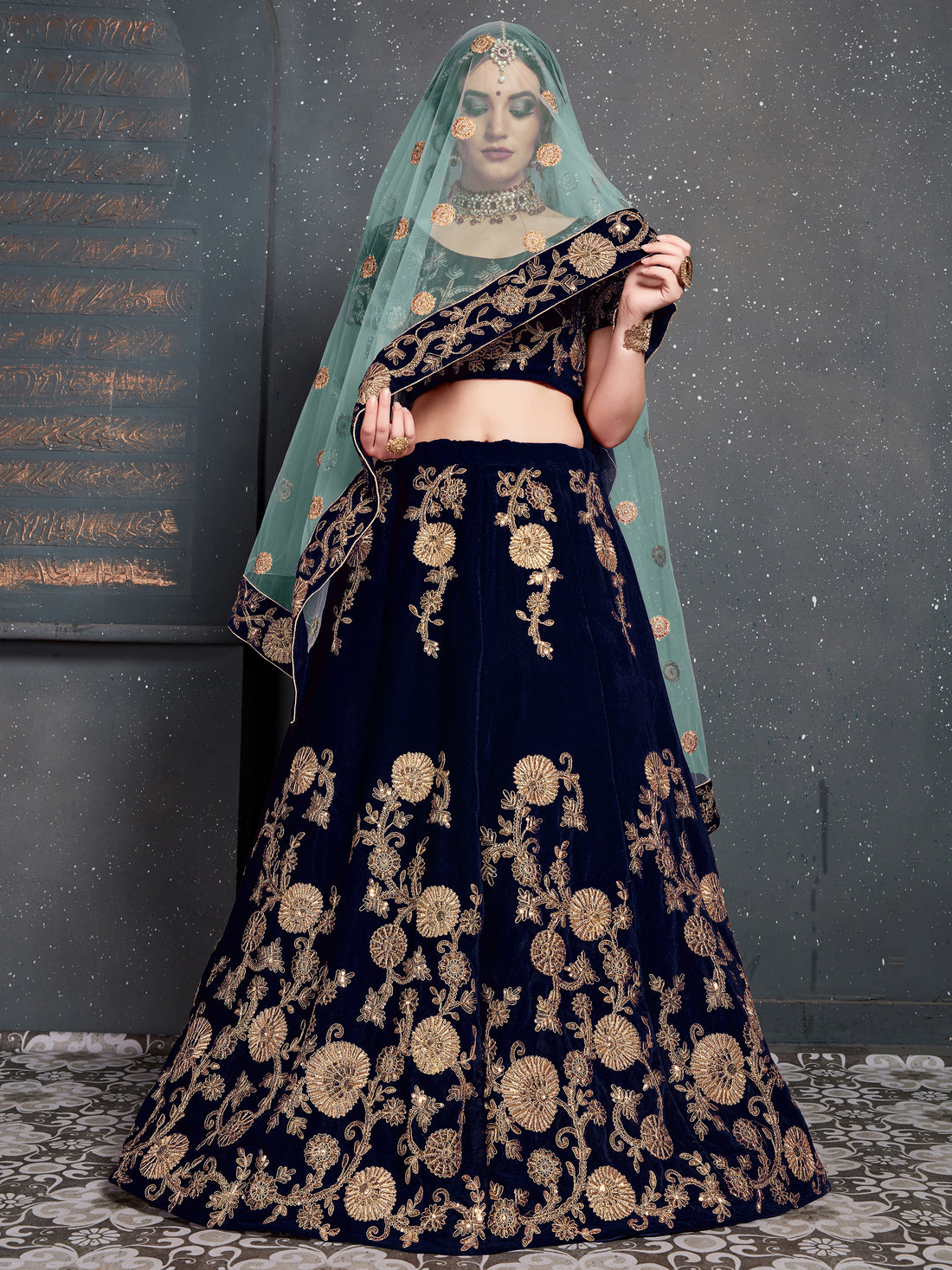 Attractive Navy Blue Zari Embroidered Velvet Wedding Lehenga Choli