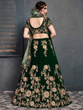 Lovely Dark Green Zari Embroidered Velvet Lehenga Choli With Dupatta