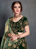 Lovely Dark Green Zari Embroidered Velvet Lehenga Choli With Dupatta