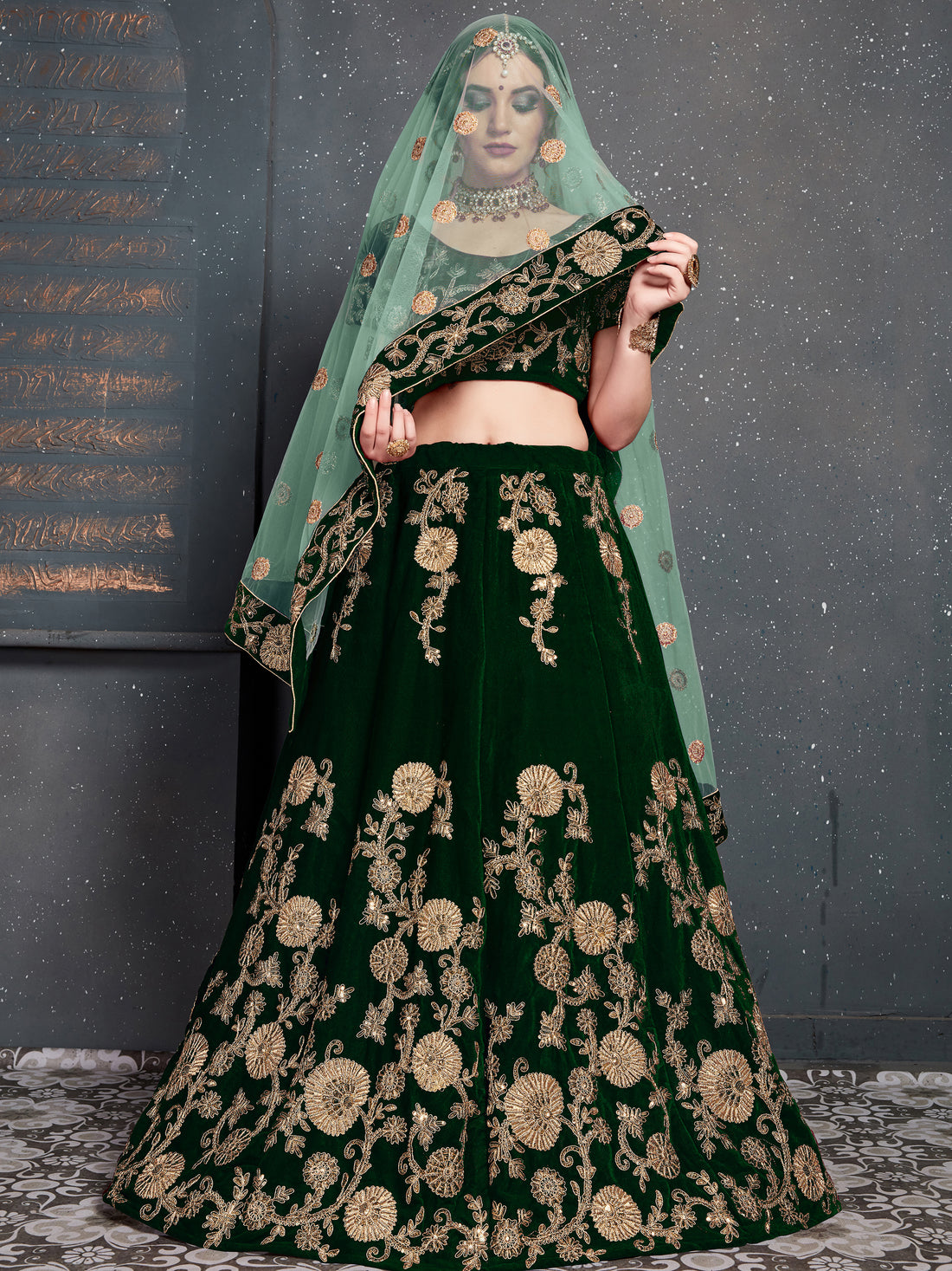 Lovely Dark Green Zari Embroidered Velvet Lehenga Choli With Dupatta