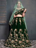 Lovely Dark Green Zari Embroidered Velvet Lehenga Choli With Dupatta