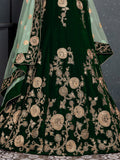 Lovely Dark Green Zari Embroidered Velvet Lehenga Choli With Dupatta
