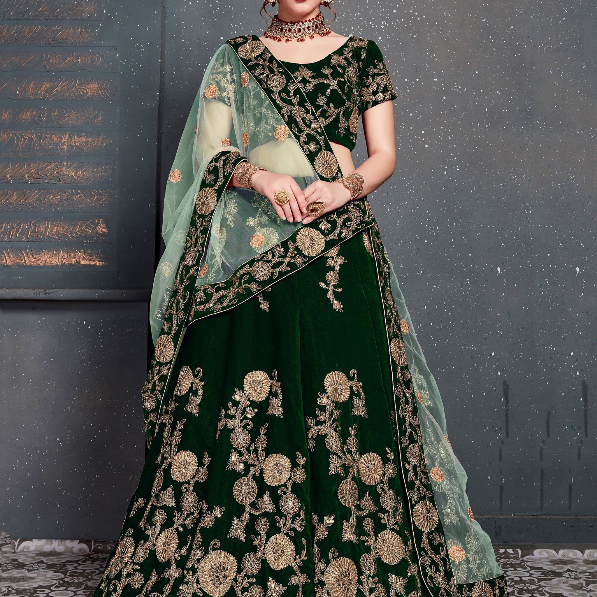 Lovely Dark Green Zari Embroidered Velvet Lehenga Choli With Dupatta