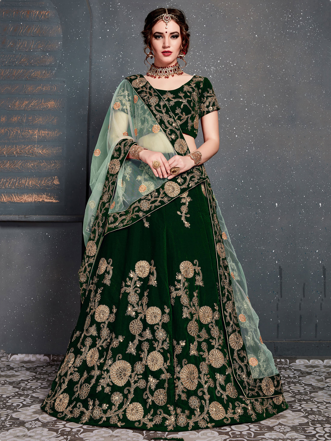 Lovely Dark Green Zari Embroidered Velvet Lehenga Choli With Dupatta