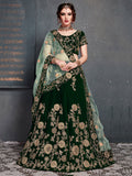 Lovely Dark Green Zari Embroidered Velvet Lehenga Choli With Dupatta