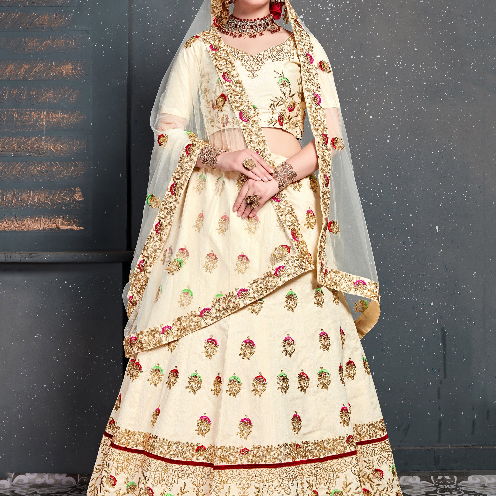 Charming Cream Zari Embroidered Silk Wedding Lehenga Choli