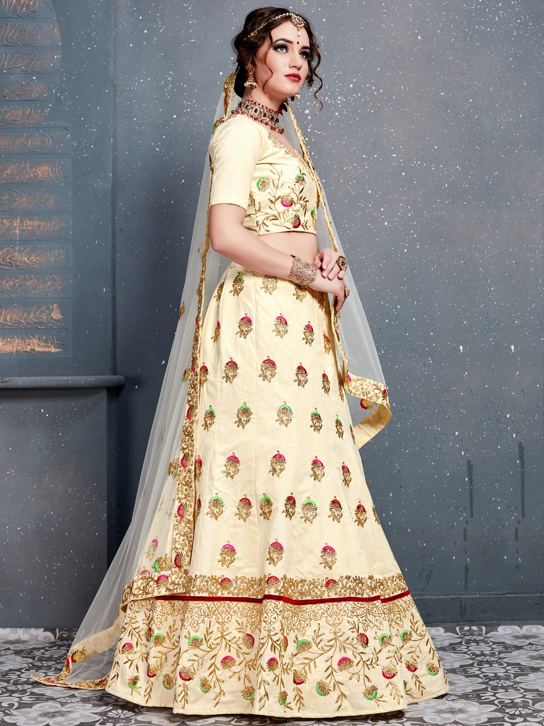 Charming Cream Zari Embroidered Silk Wedding Lehenga Choli