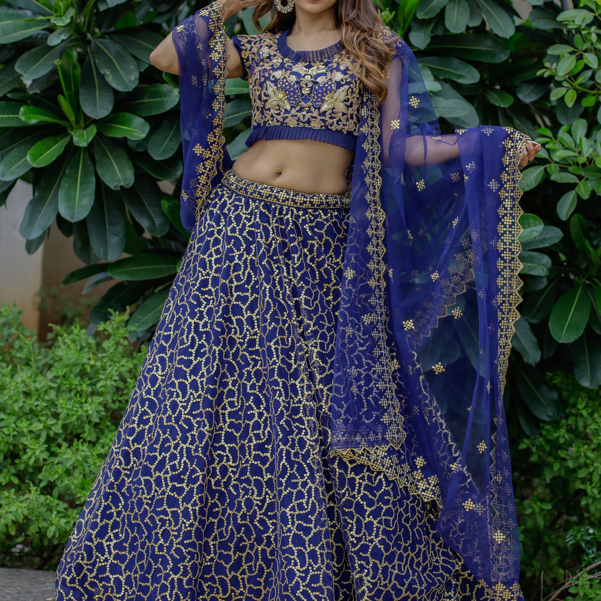 Beautiful Navy Blue Sequins Net Wedding Lehenga Choli With Dupatta