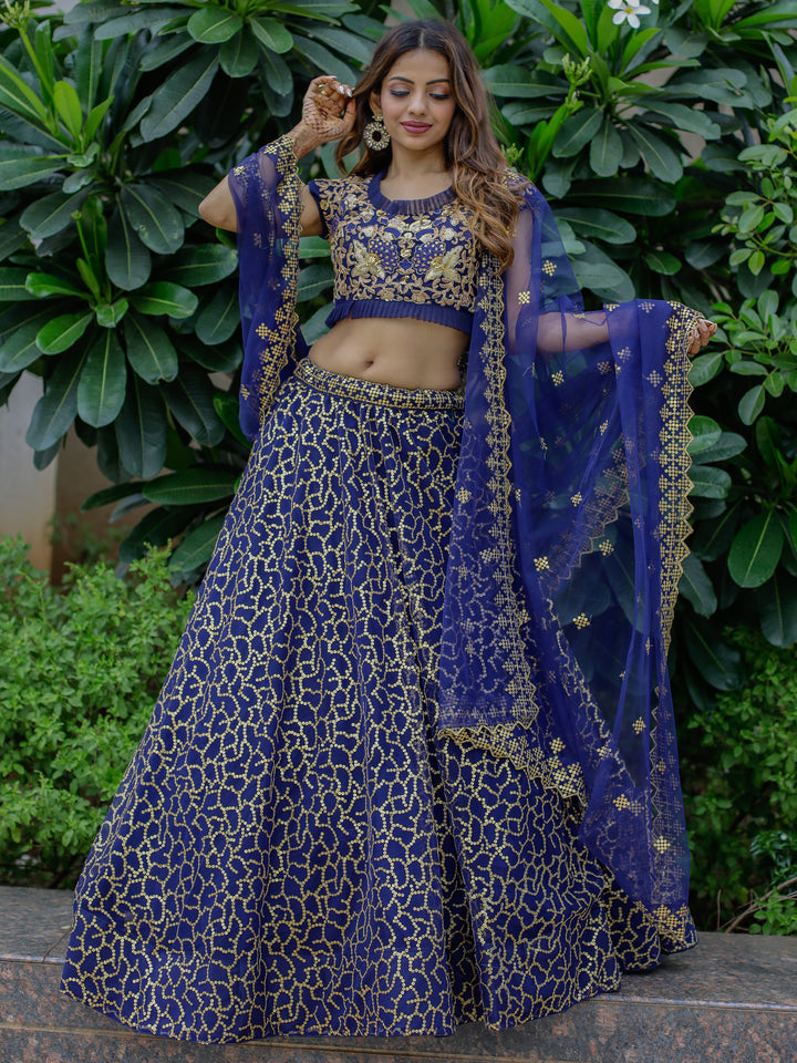 Beautiful Navy Blue Sequins Net Wedding Lehenga Choli With Dupatta
