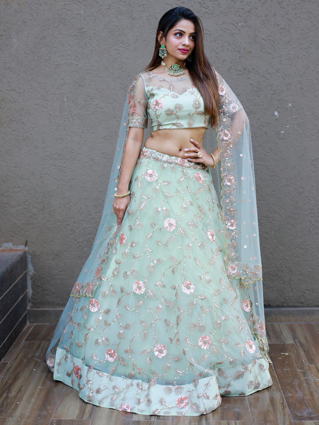 Sweet Pista Green Thread Embroidered Net Designer Lehenga Choli