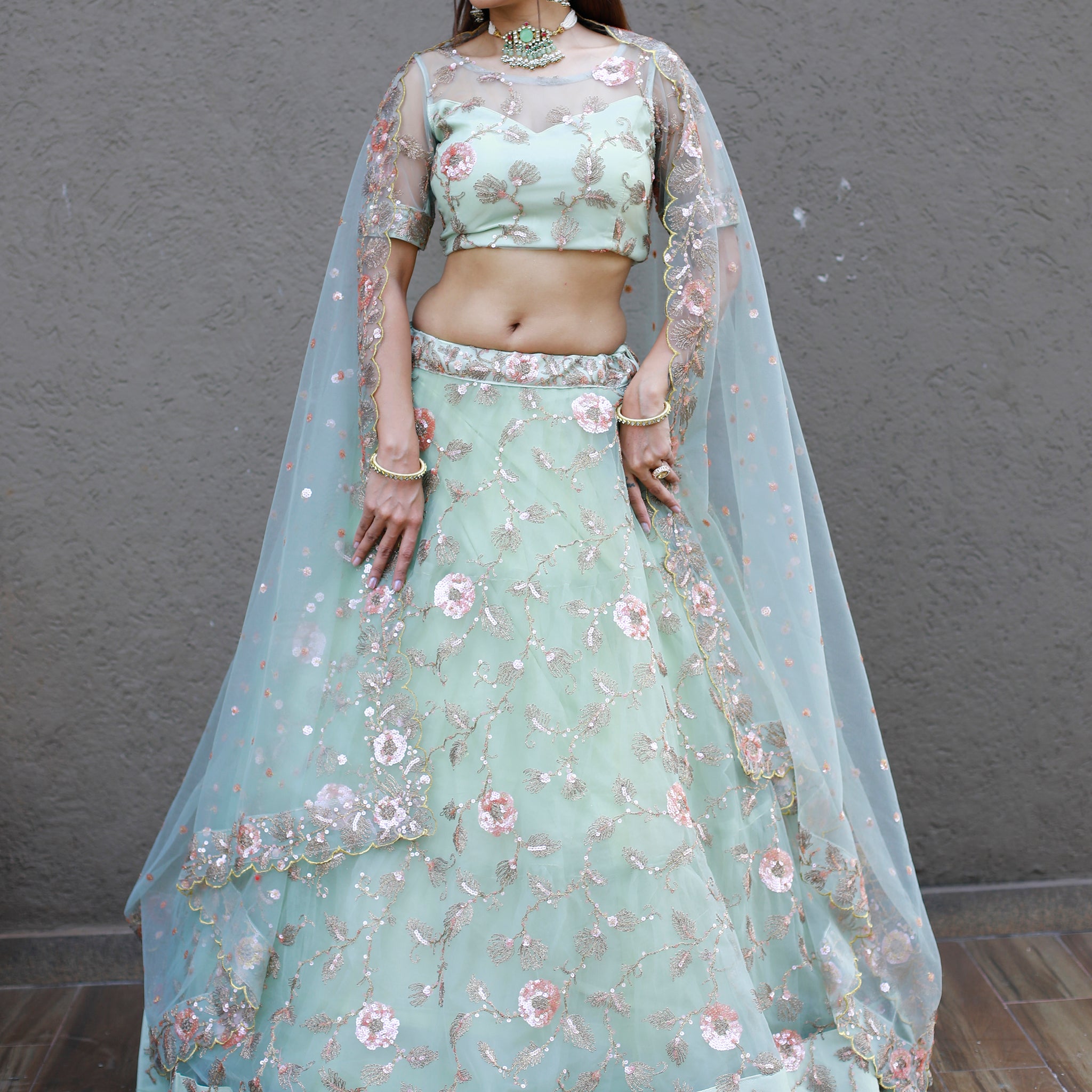 Sweet Pista Green Thread Embroidered Net Designer Lehenga Choli