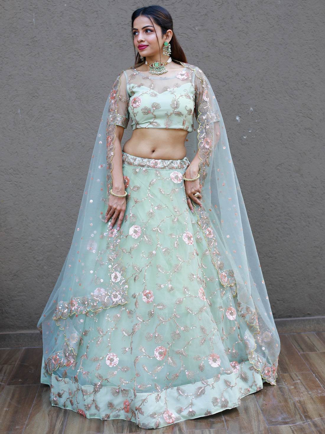 Sweet Pista Green Thread Embroidered Net Designer Lehenga Choli