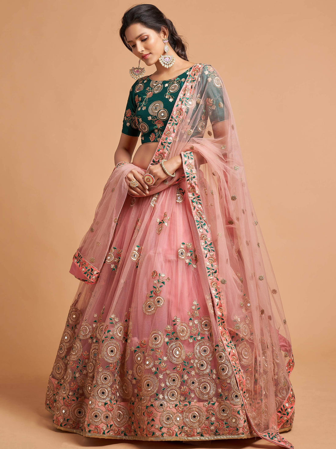 Amazing Peach Thread Embroidered Net Wedding Lehenga Choli