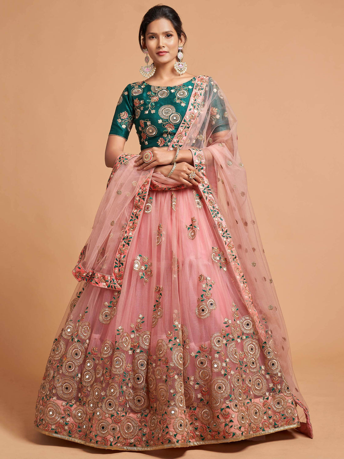 Amazing Peach Thread Embroidered Net Wedding Lehenga Choli