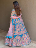 Attractive Blue Embroidered Velvet Wedding Wear Lehenga Choli