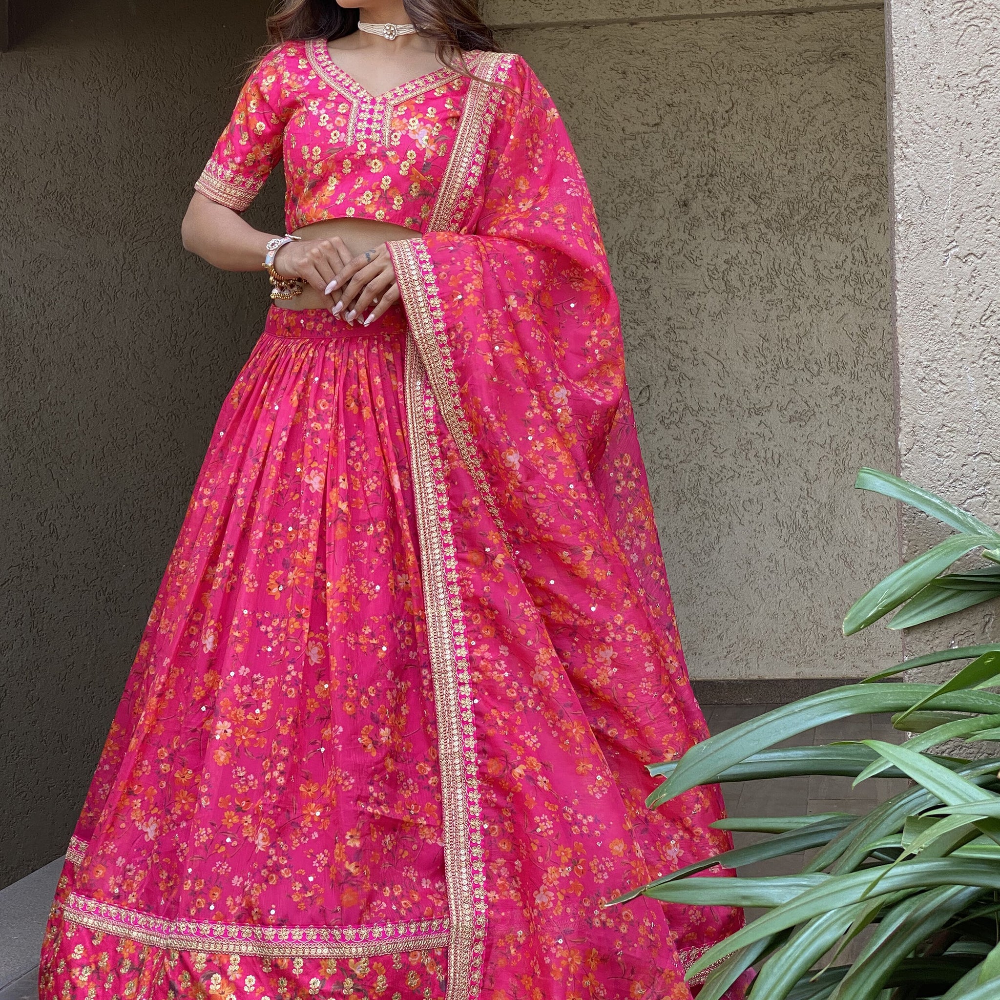 Outstanding Pink Floral Printed Organza Sangeet Wear Lehenga Choli