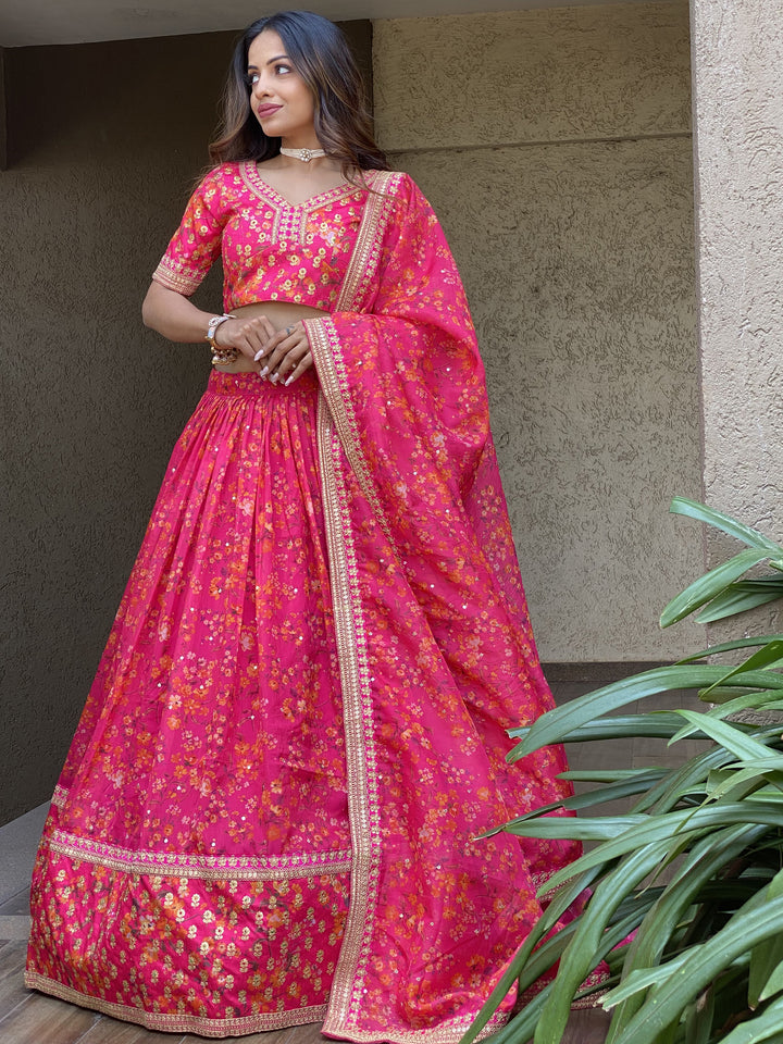 Outstanding Pink Floral Printed Organza Sangeet Wear Lehenga Choli