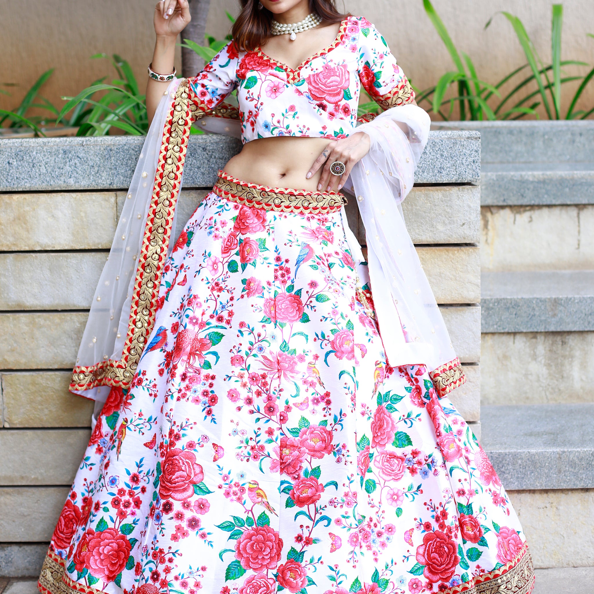 Mesmerizing Off White Floral Printed Art Silk Sangeet Wear Lehenga Choli