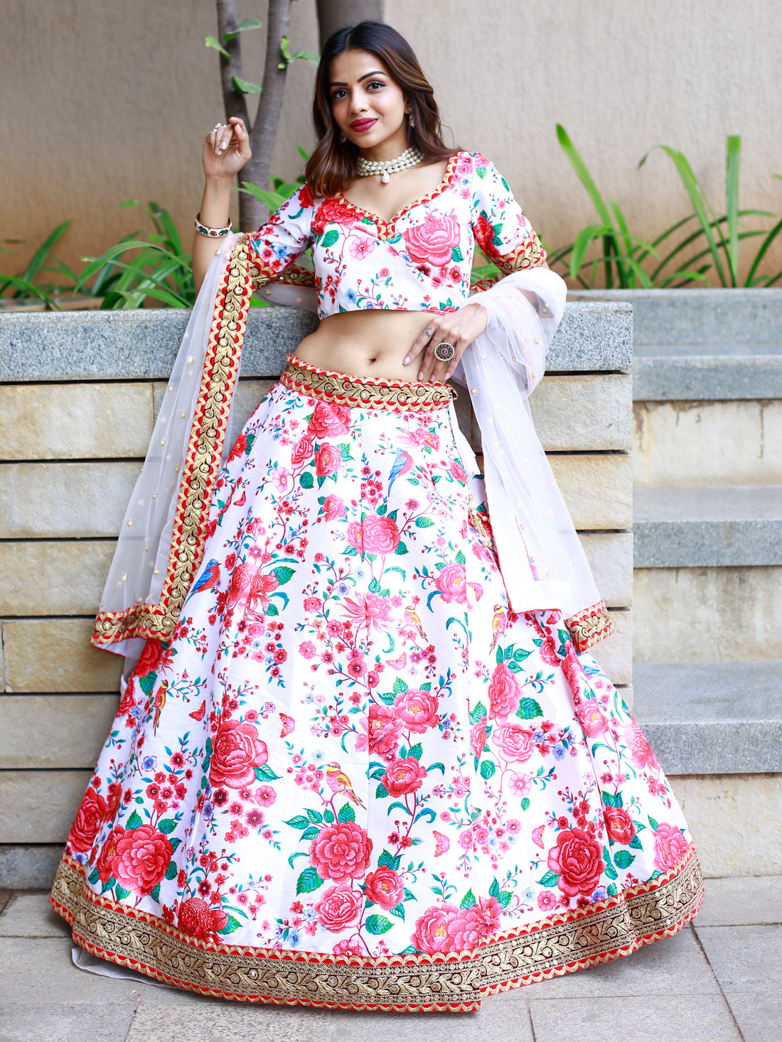 Mesmerizing Off White Floral Printed Art Silk Sangeet Wear Lehenga Choli