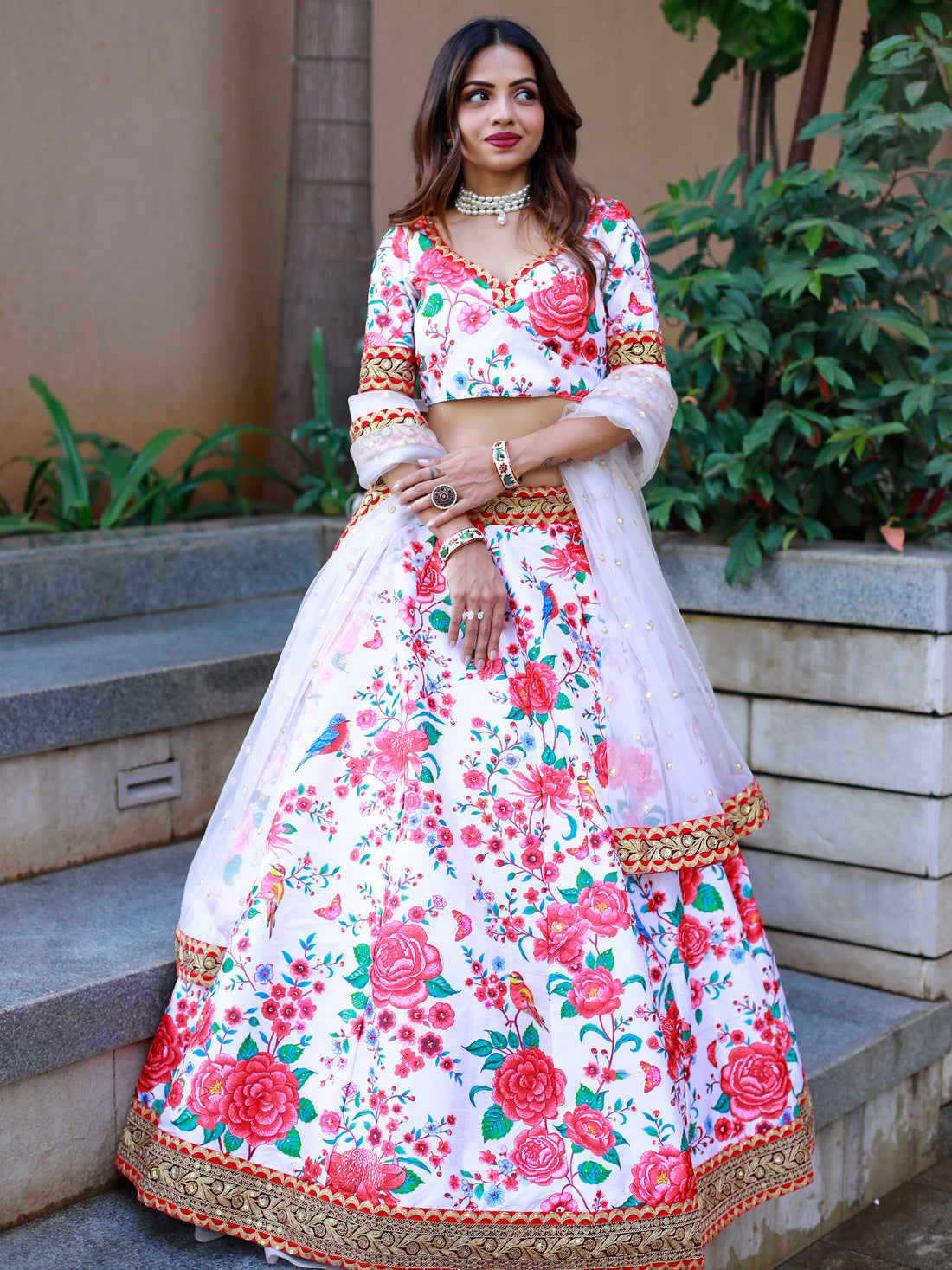 Mesmerizing Off White Floral Printed Art Silk Sangeet Wear Lehenga Choli