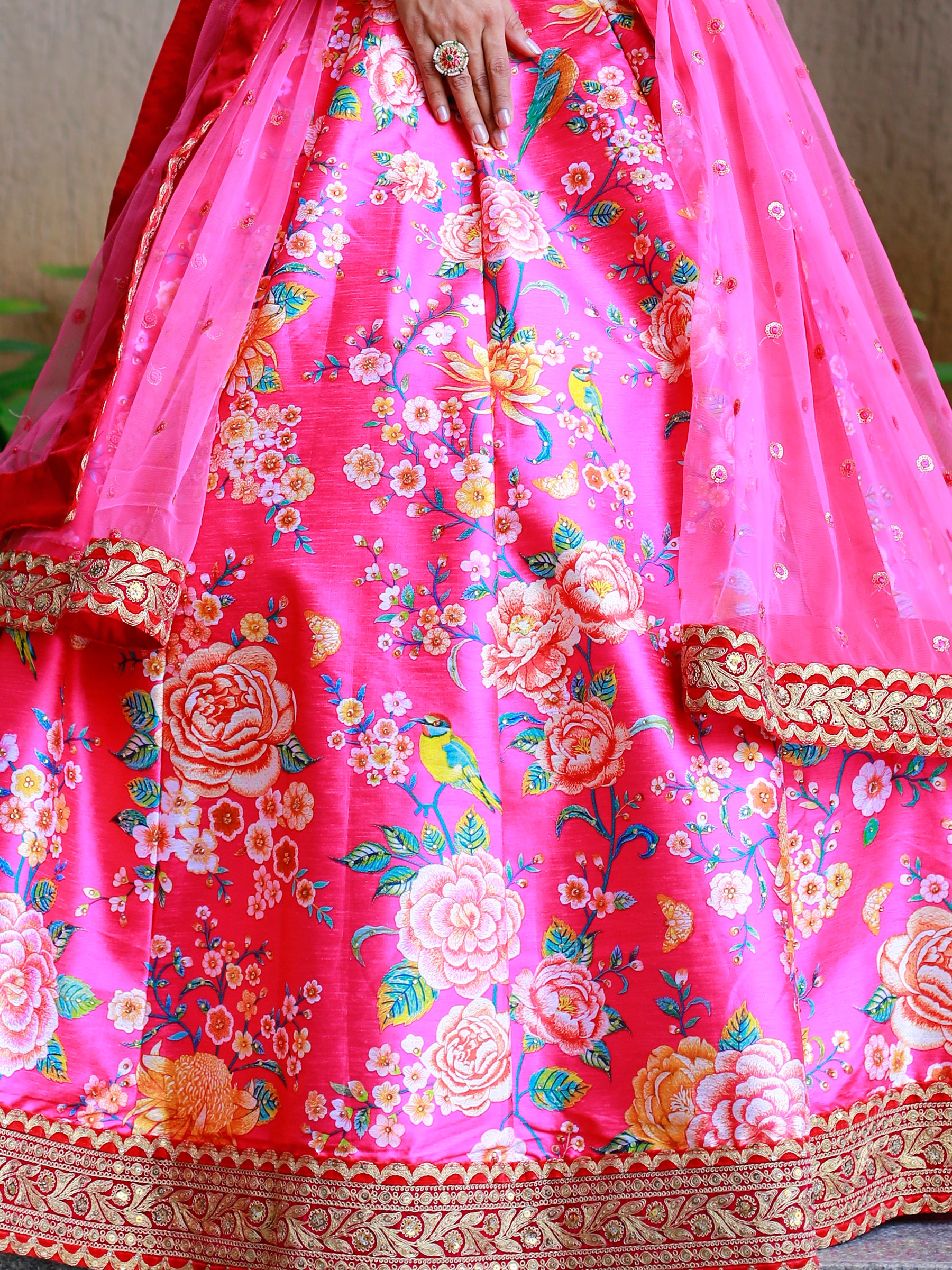 Awesome Pink Floral Printed Art Silk Engagement Wear Lehenga Choli