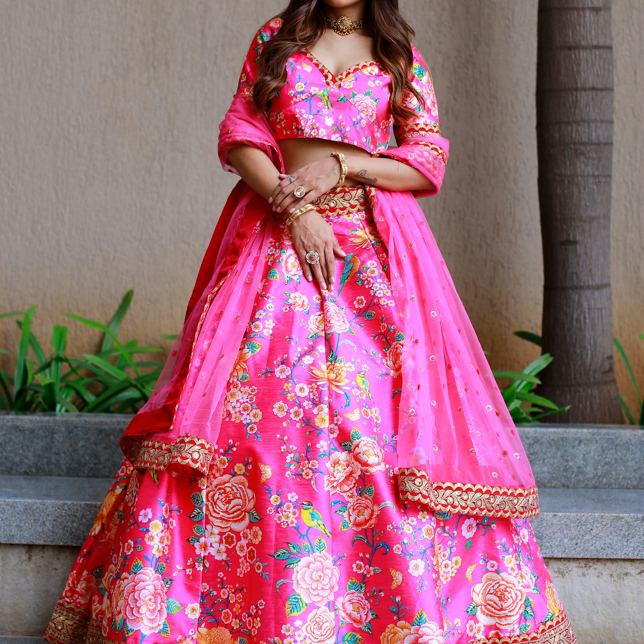 Awesome Pink Floral Printed Art Silk Engagement Wear Lehenga Choli