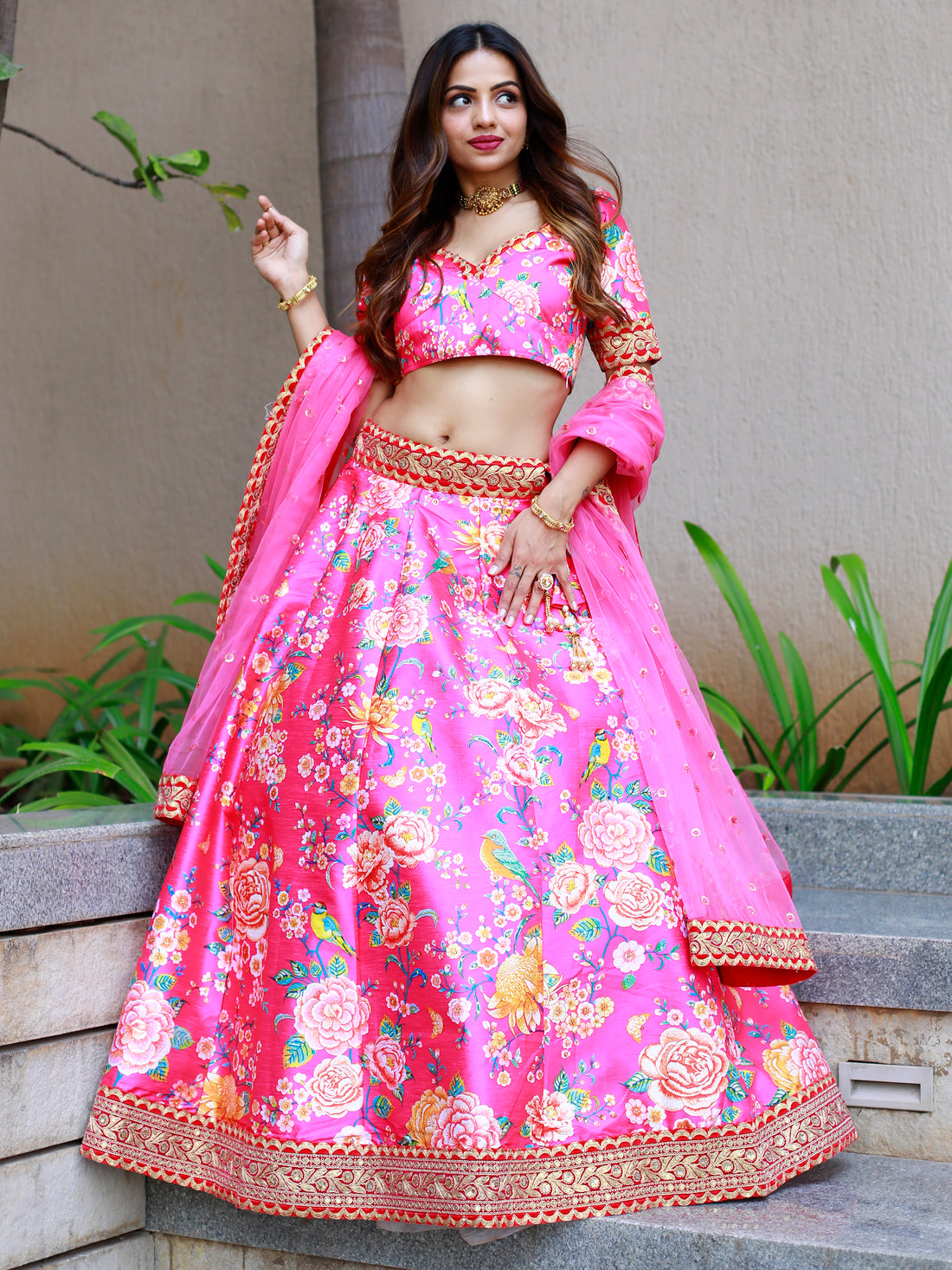 Awesome Pink Floral Printed Art Silk Engagement Wear Lehenga Choli