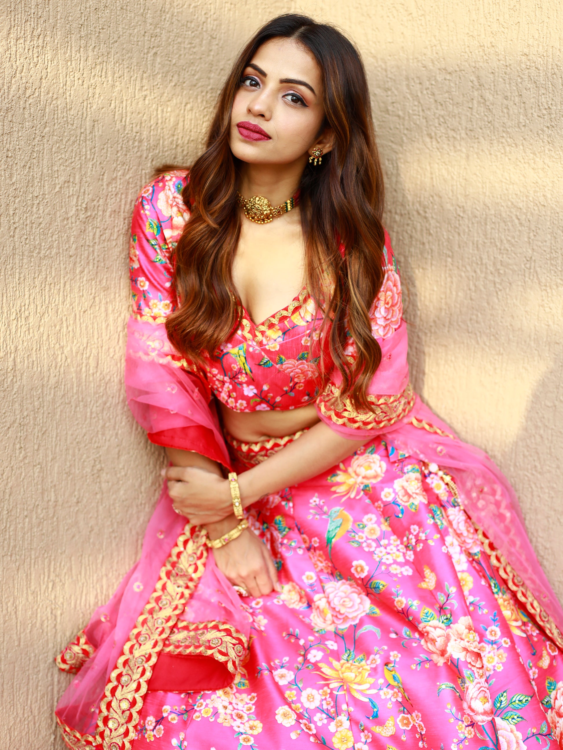 Awesome Pink Floral Printed Art Silk Engagement Wear Lehenga Choli