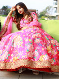 Awesome Pink Floral Printed Art Silk Engagement Wear Lehenga Choli