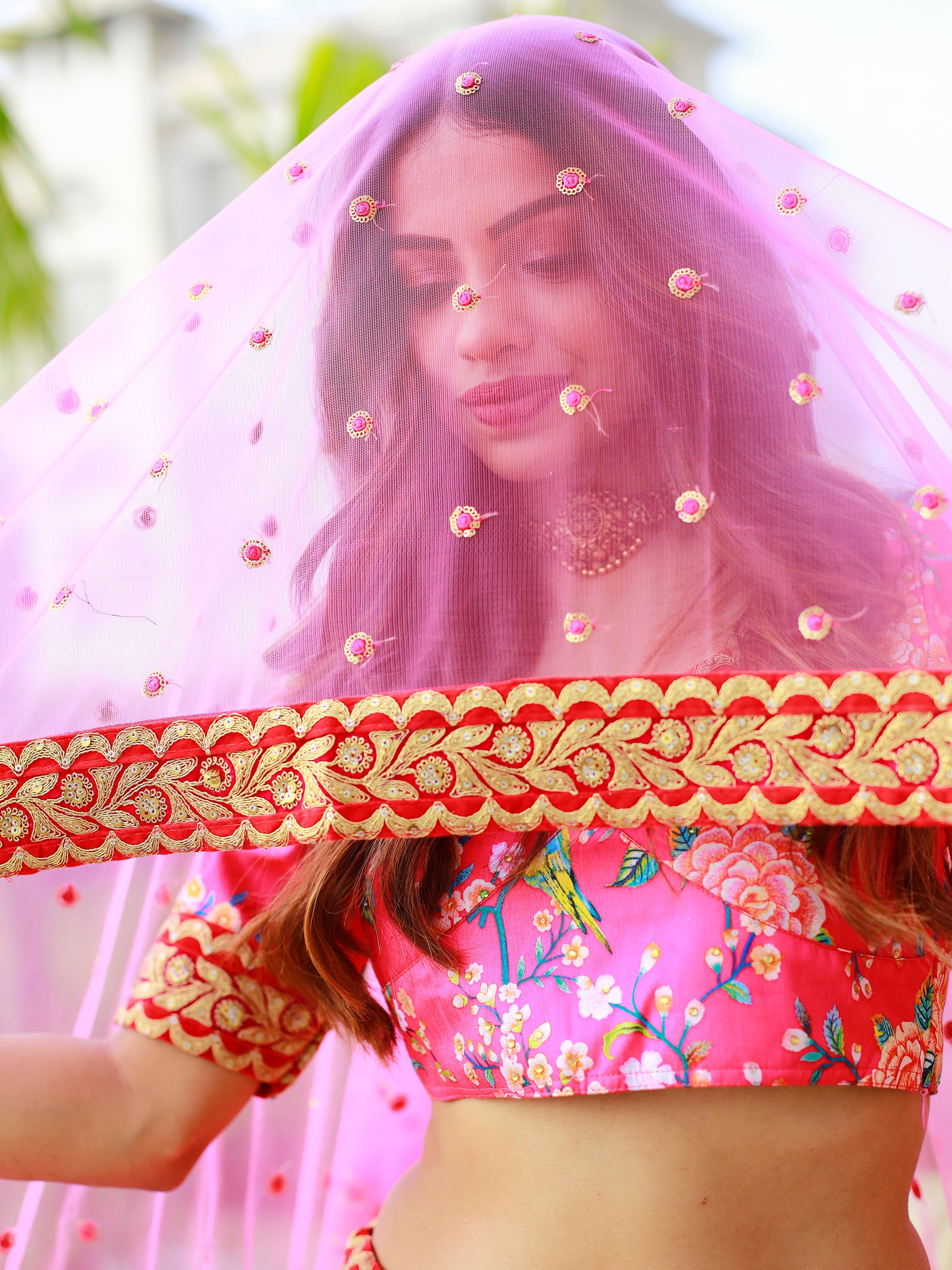 Awesome Pink Floral Printed Art Silk Engagement Wear Lehenga Choli