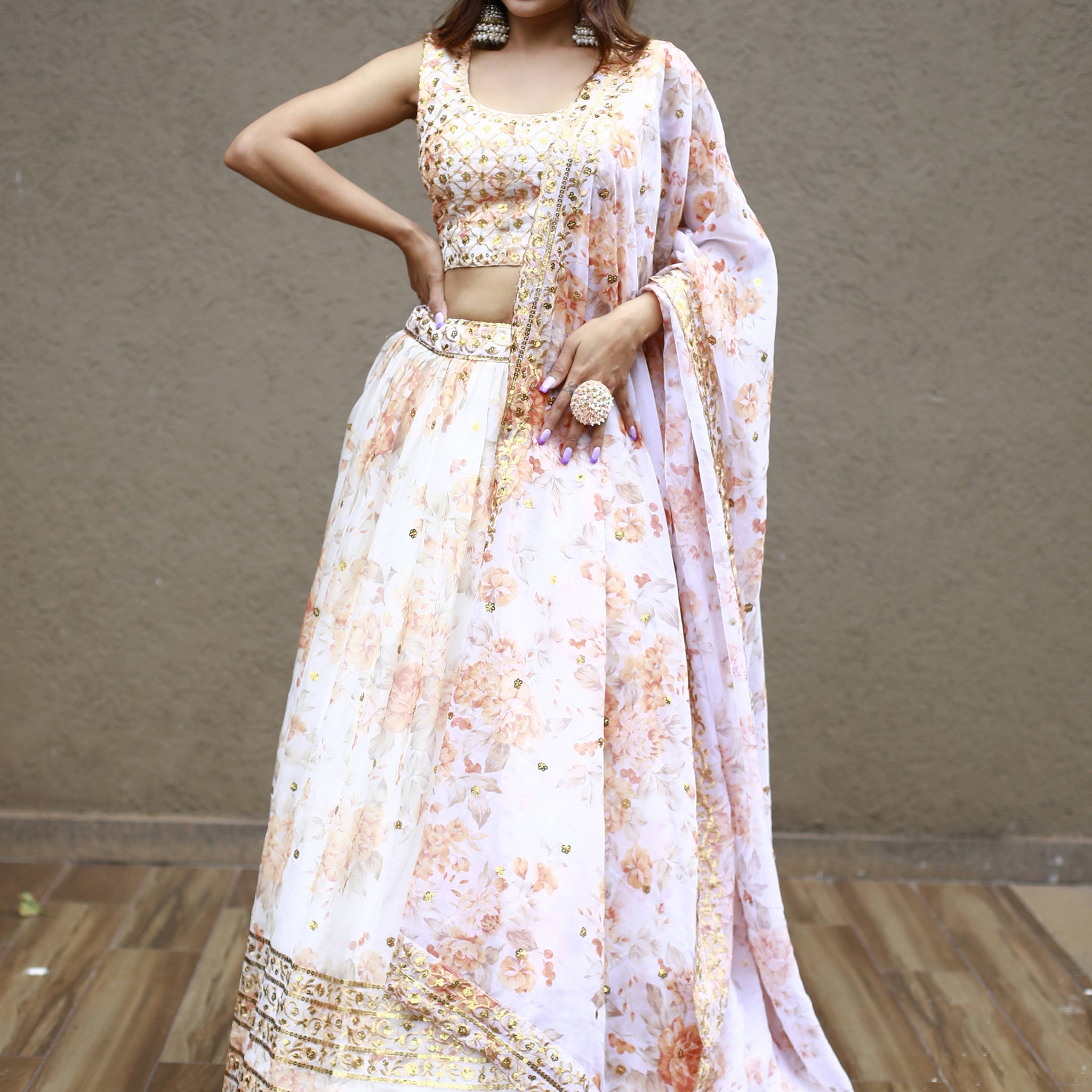 Alluring White Floral Printed Organza Lehenga Choli With Dupatta