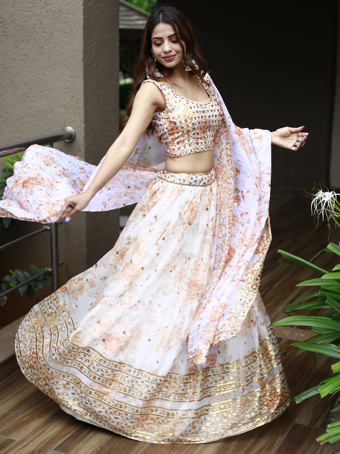 Alluring White Floral Printed Organza Lehenga Choli With Dupatta