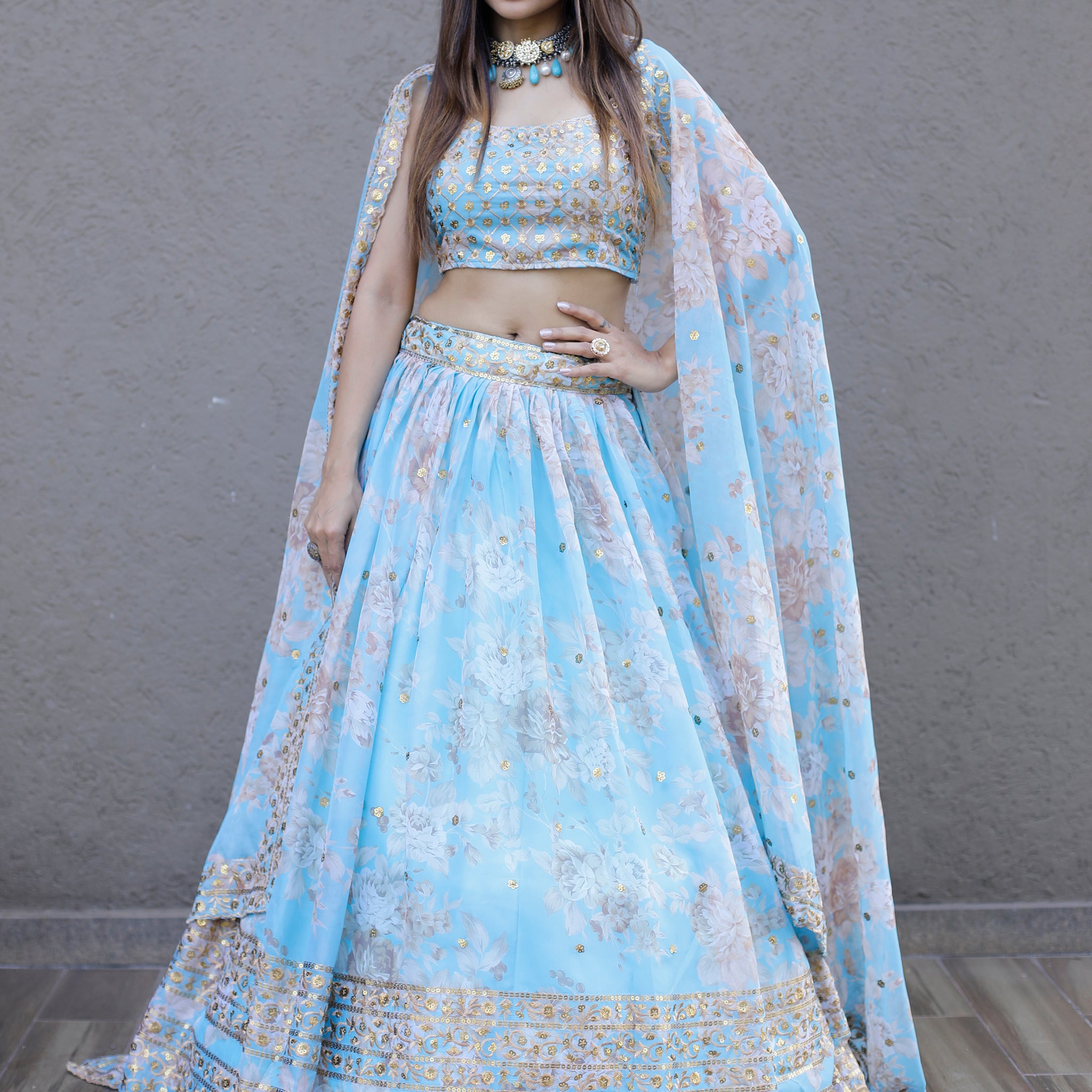 Lovely Sky Blue Floral Printed Organza Engagement Wear Lehenga Choli