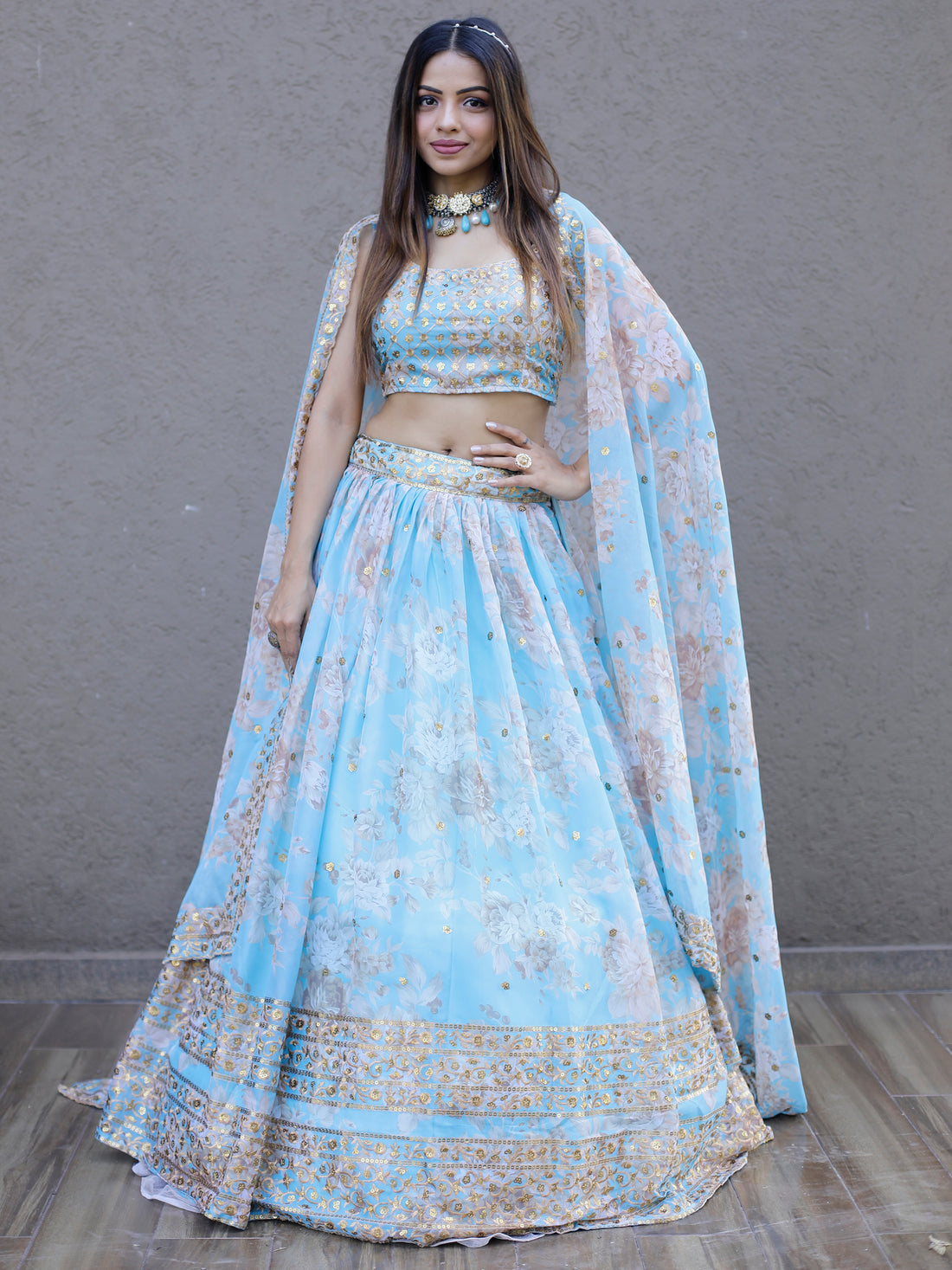 Lovely Sky Blue Floral Printed Organza Engagement Wear Lehenga Choli