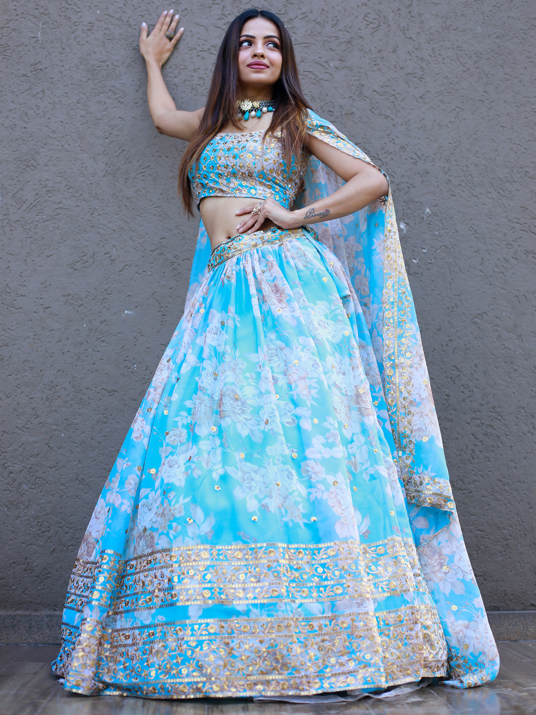 Lovely Sky Blue Floral Printed Organza Engagement Wear Lehenga Choli