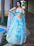 Lovely Sky Blue Floral Printed Organza Engagement Wear Lehenga Choli