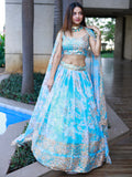Lovely Sky Blue Floral Printed Organza Engagement Wear Lehenga Choli
